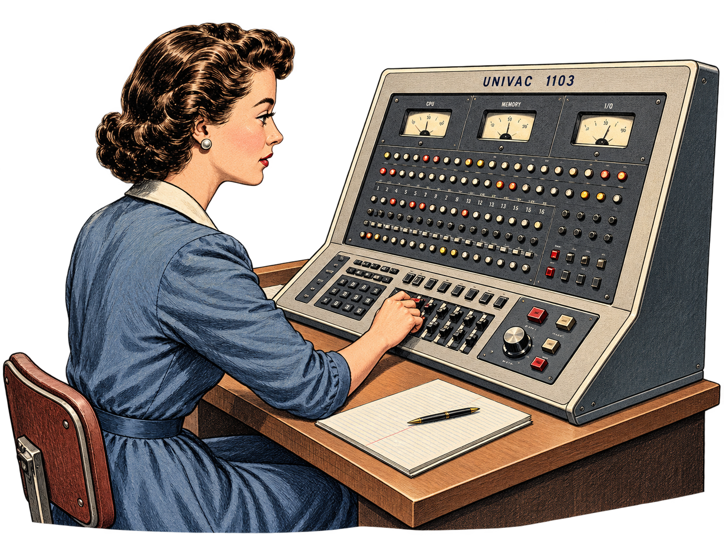 Vintage illustration of an operator working at a UNIVAC 1103 console